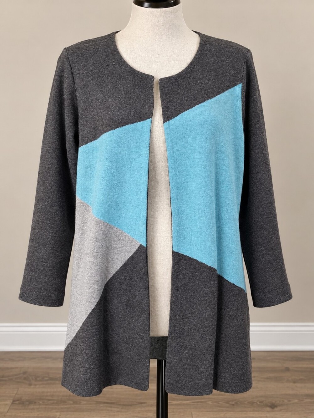 Coldwater Creek Gray & Aqua Colorblock Open Cardigan